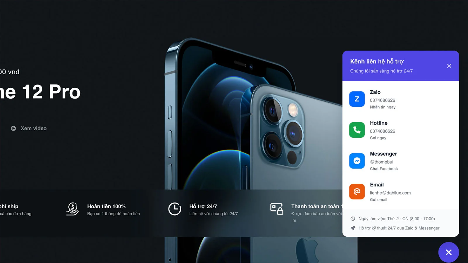 Plugin popup liên hệ nhanh Dabilux Contact